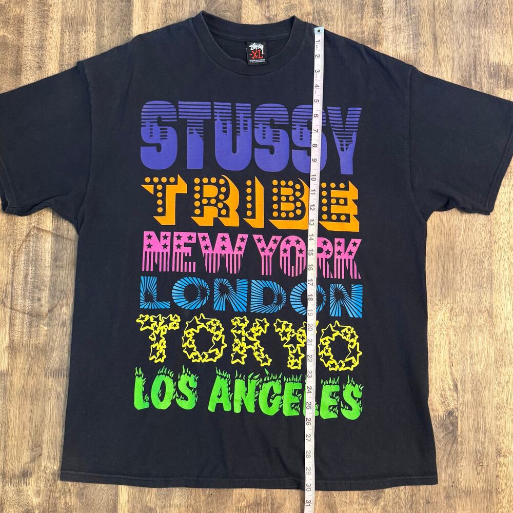 VTG Stussy Tee Shirt Tribe Tour New York Tokyo London LA Graphic Y2K Black XL - Picture 7 of 8